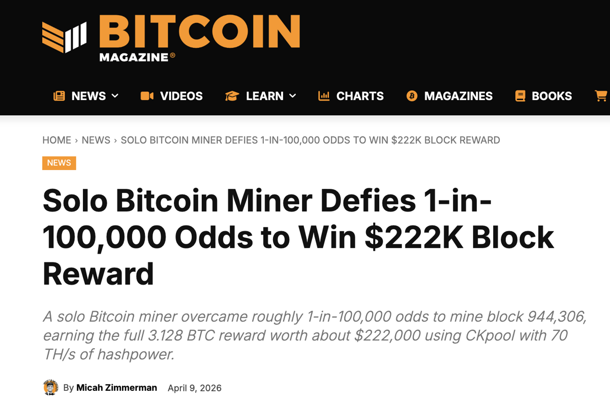 Bitcoin Magazine — solo miner win